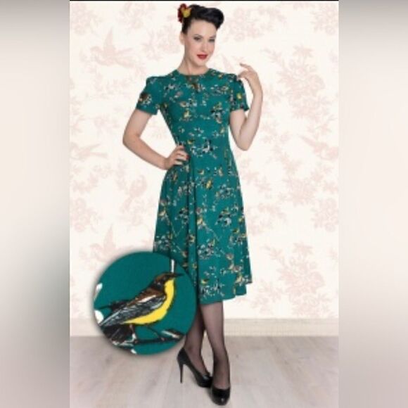 Hell Bunny Womens Blue Green Birdy Round Neck Short Sleeve A Line Dress X-Small - Picture 1 of 14